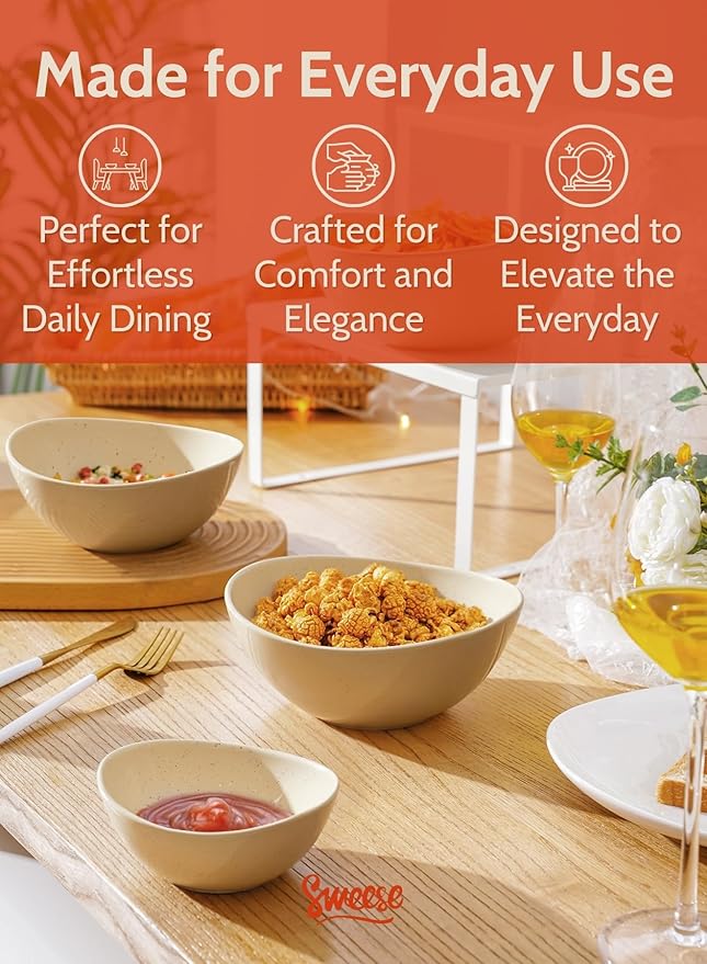 Sweese Porcelain Serving Bowls Set for Entertaining, Multipurpose 10-18-28-42oz, Beige