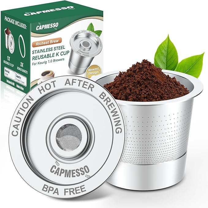 CAPMESSO Reusable K Cups for Keurig 1.0: Stainless Steel Coffee Pod Metal Refillable K Cup - Universal Coffee Filters for Keurig 1.0 Coffee Maker, Eco-Friendly, Innovative Design
