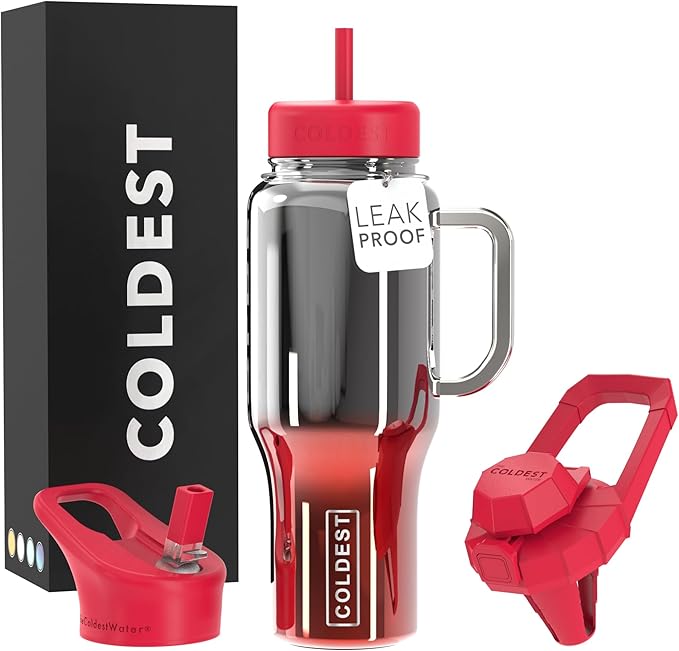 Coldest Tumbler with Handle and Straw - 100% Spill Proof Tumbler with Straw (3 Lids) - Stainless Steel Insulated Leakproof Tumblers for Women & Men - Cup Holder Friendly - 36 oz (Fire Nova)