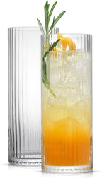 JoyJolt Elle 16oz Fluted Highball Glasses Set of 2, Ribbed Tall Cocktail Tumblers for Gin Juice Water, Vintage Style Drinking Glasses