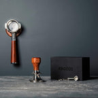 58mm Gaggia Espresso Accessories Kit –Rosewood Naked Portafilter, Auto-Level Espresso Press, Ground Distribution Tool, Wooden Barista Holder & Coffee Puck Knock Bin