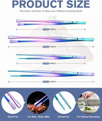 4 Pcs Fine Long Tweezer Tongs Professional Rainbow, 12'' and 10'' Stainless Steel for Kitchen, Food, Cooking, Repairing, Sea food and BBQ