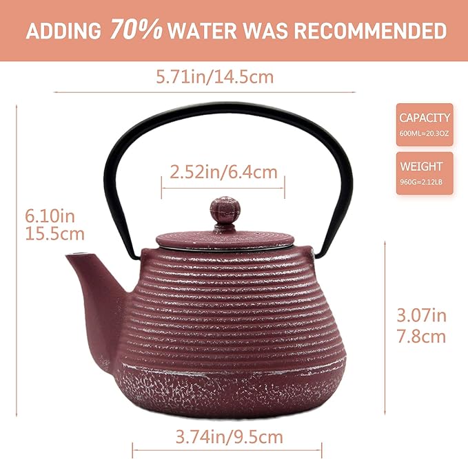 20.3oz Small Cast Iron Teapot, SECHUDO Tea Kettle for Stovetop Safe Coated with Enameled Interior, Tea Pot with Stainless Steel Infuser for Loose Tea (Pink Pinstripe Pattern)
