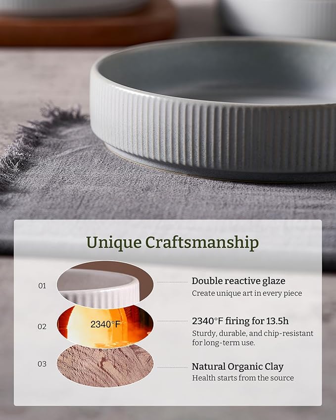 famiware Star 7.5" Pasta Bowls Set, Salad Bowl Set of 6, Double Reactive Glaze, Stackable, Perfect for Your Friend for Housewarming, Thanksgiving, Christmas, Light Gray