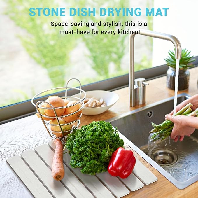 2Pack Stone Dish Drying Mats for Kitchen Counter, Quick Dry Absorbent Diatomite Sink Tray, Foldable Non Slip Dish Rack Mat for Dishes Cups, Perfect for Kitchen Bathroom White (15.5"x11.8" & 8.2"x4")