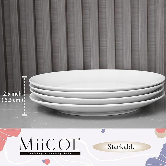 Miicol Ceramic Dinner Plates Set of 4, Large Salad Plate 10.5 inch, White Flat Dish, Porcelain Serving Dishes for Pasta, Steak, Dessert, Microwave and Dishwasher Safe, Scratch Resistant