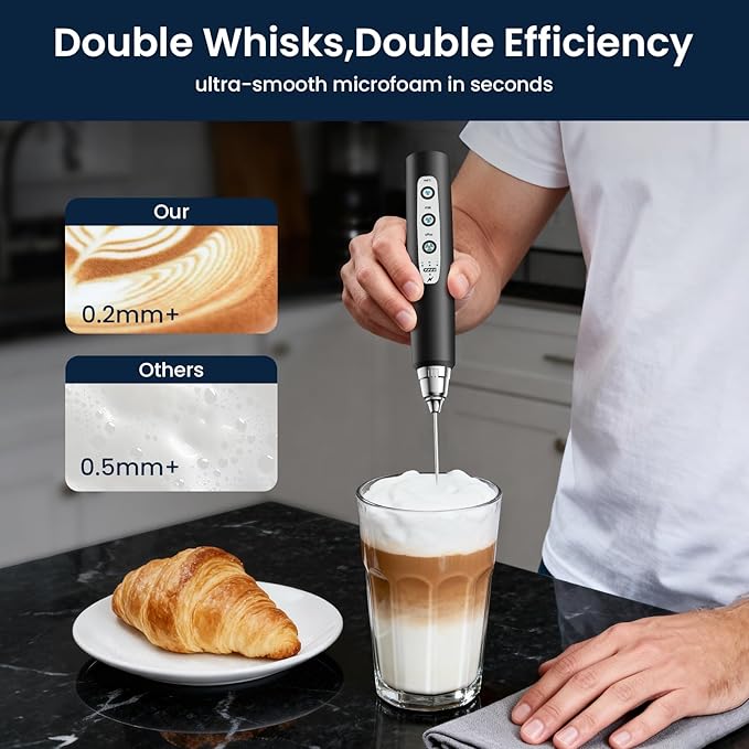 Milk Frother with Stand Rechargeable-Handheld Coffee Frother with 3 Stainless Whisks 3 Speed Adjustable, Electric Whisk Drink Mixer, Foam Maker Blender for Matcha Latte Cappuccino Chocolate