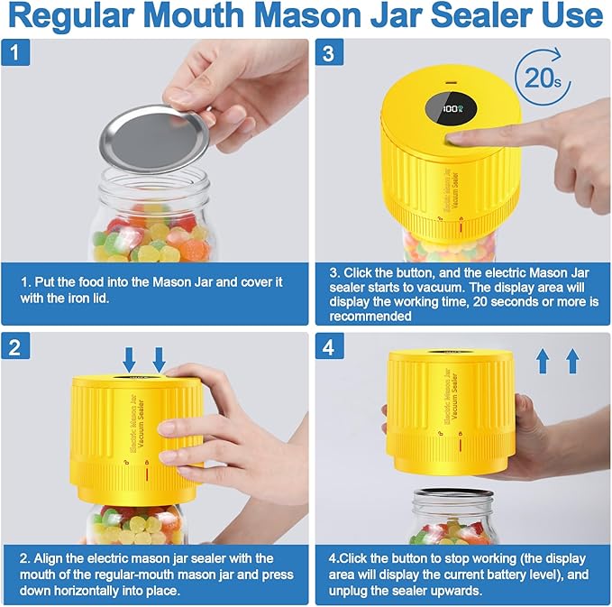 Electric Mason Jar Vacuum Sealer Kit for Wide Mouth and Regular Mouth Mason Jar - Yellow