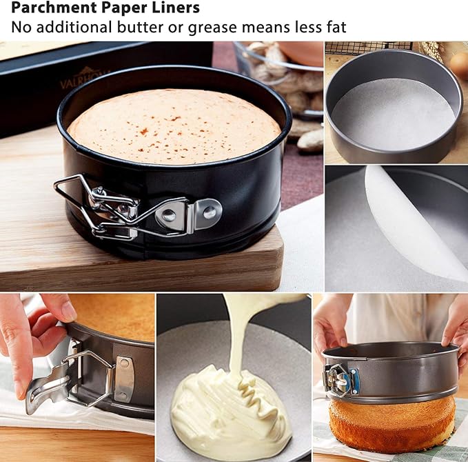 Springform Pan Set, 4-Inch Mini Cake Pan 4 Pack with 50 Pcs Parchment Paper Liners, Nonstick Leakproof for Mini Cheesecakes, Pizzas and Quiches