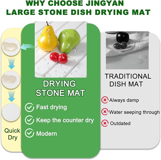 JINGYAN Large Stone Dish Drying Mat for Kitchen Counter, Foldable Diatomaceous Earth Absorbent Mat, Quick Dry Collapsible Drying Pad for Dishes & Utensils, Kitchen Sink Mat, 24x16 Inch - White