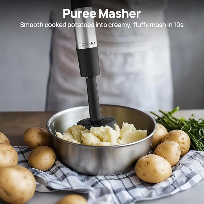 Consciot 7-in-1 Immersion Blender Handheld Max 1100W, Stick Emulsifier with Entire Stainless Steel Blender Shaft, Trigger Speed Control, 800ml Beaker, 600ml Chopper, Beaters, Frothers, Hooks & Masher
