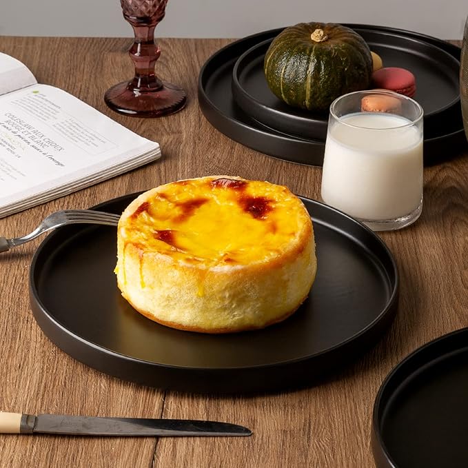 AmorArc Ceramic Dinner Plates Set of 6, 10.0 Inch Matte Stoneware Plates for Kitchen,Modern Flat Dinnerware Dishes Set,Microwave& Dishwasher Safe, Scratch Resistant, Matte Black