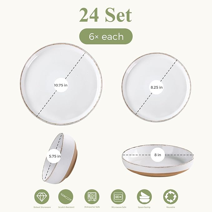 AmorArc 24 Pieces Ceramic Dinnerware Sets for 6, Handpainted Plates and Bowls Set with Rustic Terracotta Underside, Scratch Resistant Stoneware Dishes Set, Dishwasher & Microwave Safe, White