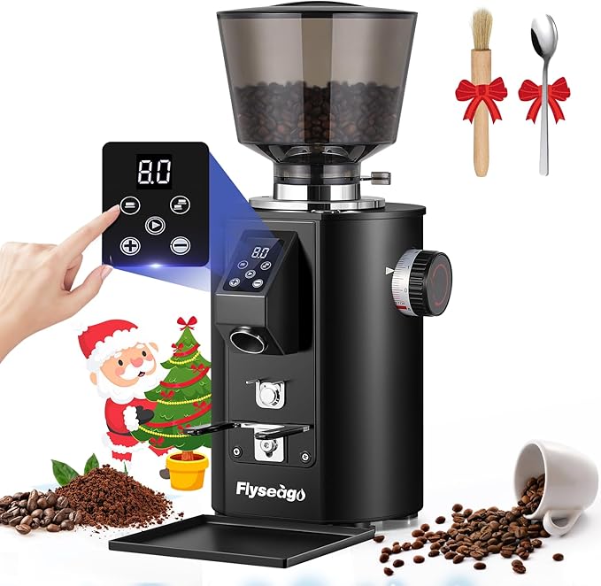 Commercial Coffee Grinder Heavy Duty - 64mm SS Flat Burrs, 8 Precise Settings, Button Control, 35oz Hopper, Business and Home Use, Black 400W