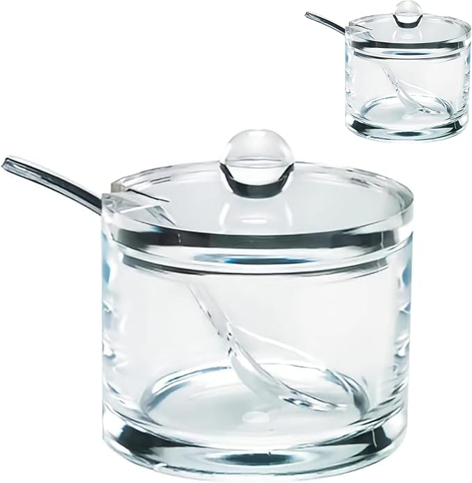 J&M DESIGN 2-Pack Clear Acrylic Sugar Bowl With Lid And Spoon For Coffee Bar Accessories, Creamer Bowls Kitchen Baking Essentials Supplies Canisters 8oz Container Jar Dispenser Spice Holder Salt Dish