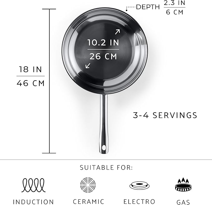 GIPFEL INTERNATIONAL - Tri Ply Stainless Steel Frying Pan Skillet Healthy Cookware - Fry Pans for Induction Gas Electric Stove & Oven Safe (10 inch)