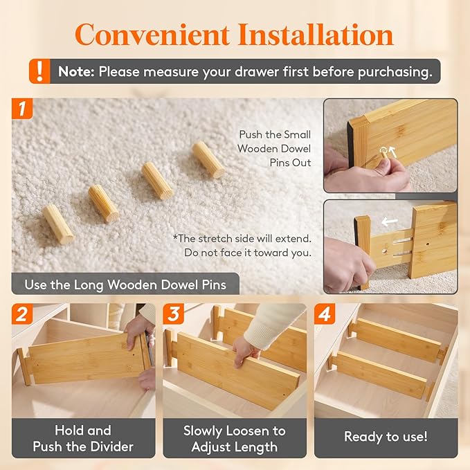 Lifewit 4 Pack Drawer Dividers Bamboo 5" High, 16-22" Adjustable Clothes Drawer Organizers, Expandable Dresser Separators in Bedroom/Bathroom/Kitchen/Office Organization and Storage