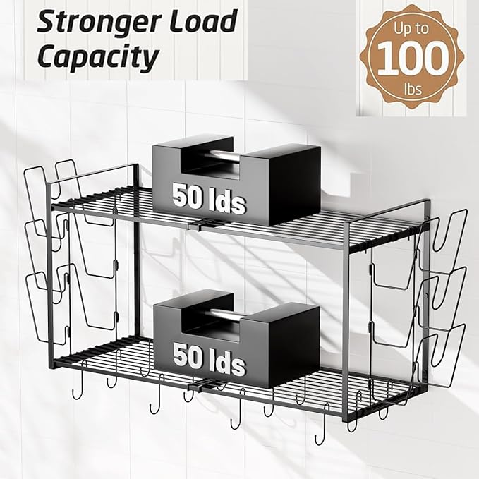 Expandable Pot and Pan Organizer Wall Mounted, 2 Tier Hanging Kitchen Shelves Heavy Duty Pot Rack with 6 Pot Lid Holders and 12 Hooks for Kitchen Cookware Utensils Organizer and Storage