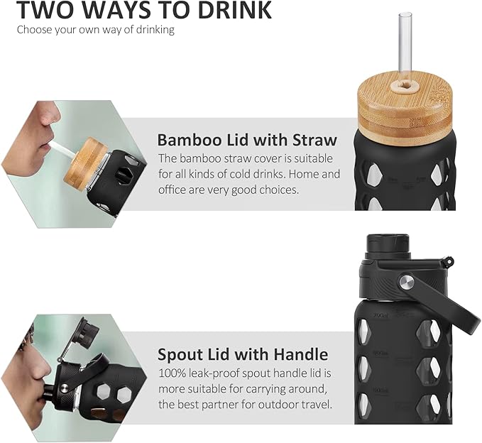 MUKOKO 24oz Glass Water Bottle with 2 Lids-Handle Flip Lid&Bamboo Straw Lid,Motivational Water Tumbler with Time Marker Reminder and Silicone Sleeve, Leakproof-Black