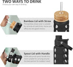 MUKOKO 24oz Glass Water Bottle with 2 Lids-Handle Flip Lid&Bamboo Straw Lid,Motivational Water Tumbler with Time Marker Reminder and Silicone Sleeve, Leakproof-Black
