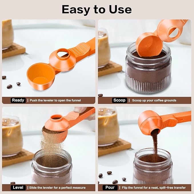 2-in-1 Coffee Scoop with Funnel, 2 Teaspoon Measuring Spoon for Reusable K Cups, Ground Coffee, Protein Powder & Tea, Mess-Free Plastic Design (Orange)