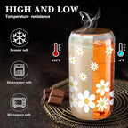 meekoo 8 Pcs Glass Cups with Bamboo Lids and Straws 16 oz Beer Can Shaped Iced Coffee Drinking Cup Employee Appreciation Gift for Wine Tea Water - 4 Cleaning Brushes(Daisy)