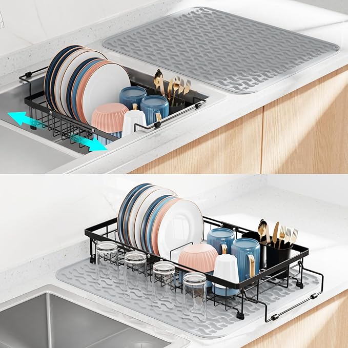 iSPECLE in Sink Dish Drying Rack - Capacity Expandable Over Sink Dish Rack with Mat (15.8"- 20.7"), Dish Drainer for Kitchen Counter with Utensil Holder Large Capacity, Black