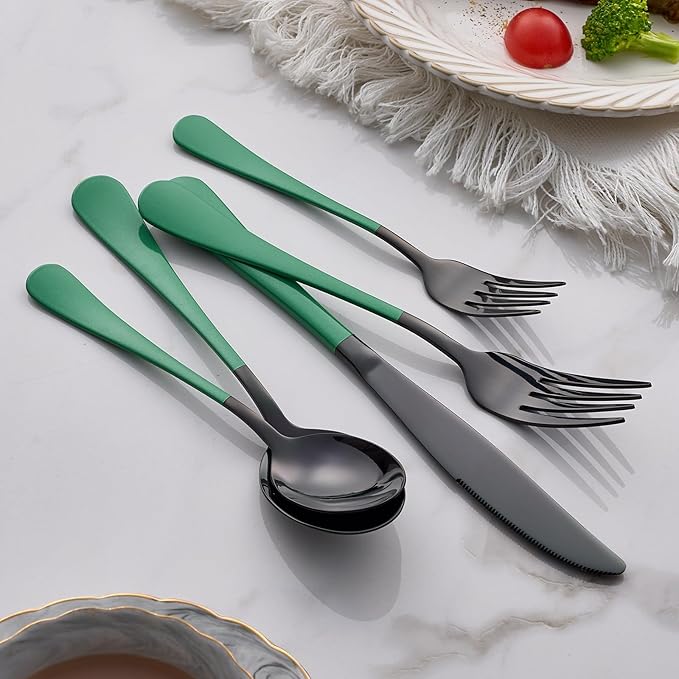 20-Piece Green Silverware Set 18/0 Stainless Steel Silverware Set Green Handle Cutlery Black Set Service for 4 Dinner Knives Forks Spoons Set Flatware SetFinish Dishwasher Safe