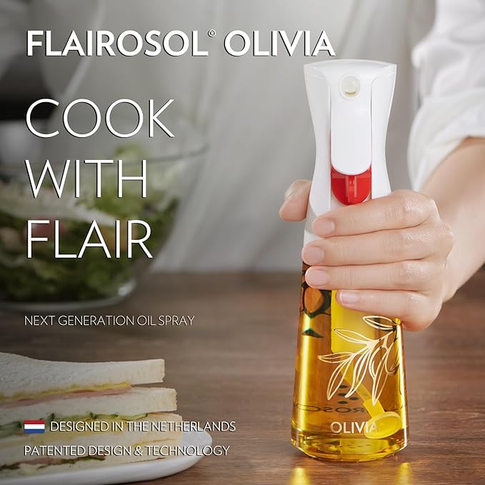 FLAIROSOL OLIVIA Oil Sprayer for Cooking, 200ml Glass Olive Oil Sprayer, Continuous Cooking Spray Bottle with Portion Control, Olive Oil Dispenser for Kitchen, Air Fryer, Salad, BBQ (Golden Leaves)