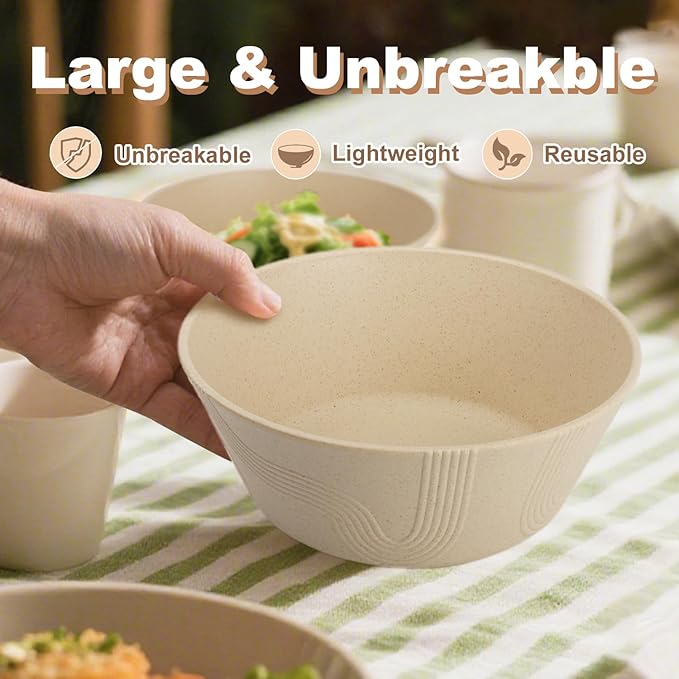 36 oz Wheat Straw Bowl, Unbreakable Cereal Bowls Set of 6, Microwave and Dishwasher Safe Plastic Bowls Reusable, Large Cereal Bowl for Kitchen, Serving, Popcorn, Soup (Multicolor)