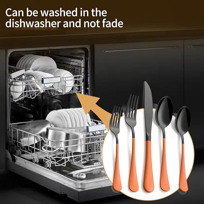 20-Piece Black Silverware Set 18/0 Stainless Steel Silverware Set Orange Handle Cutlery Set Service for 4 Dinner Knives Forks Spoons Set Flatware Set Finish Dishwasher Safe