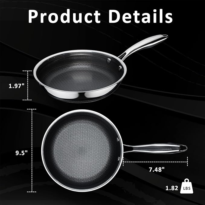 9.5" Non Stick Frying Pans, Hybrid Ceramic Stainless Steel Pan, Skillet with Stay-Cool Handle, Non Toxic, PFAS PFOA PTFE Free, Dishwasher & Oven Safe, Induction, Compatible with All Cooktops