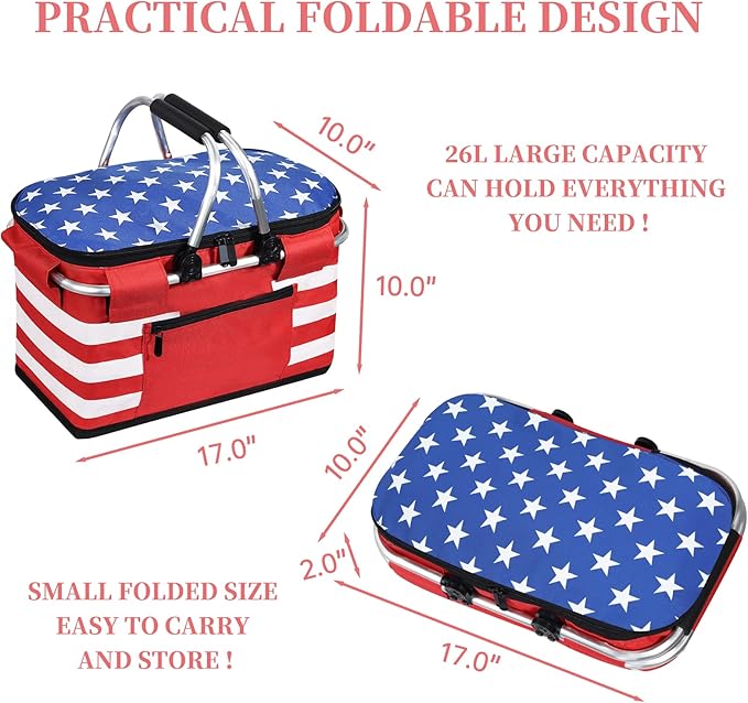 Insulated Picnic Basket,Leak-Proof Collapsible Cooler Bag,26L Grocery Basket with Lid,2 Sturdy Handles,Storage Basket for Picnic,Food Delivery,Take Outs,Market Shopping,Travel (Star)