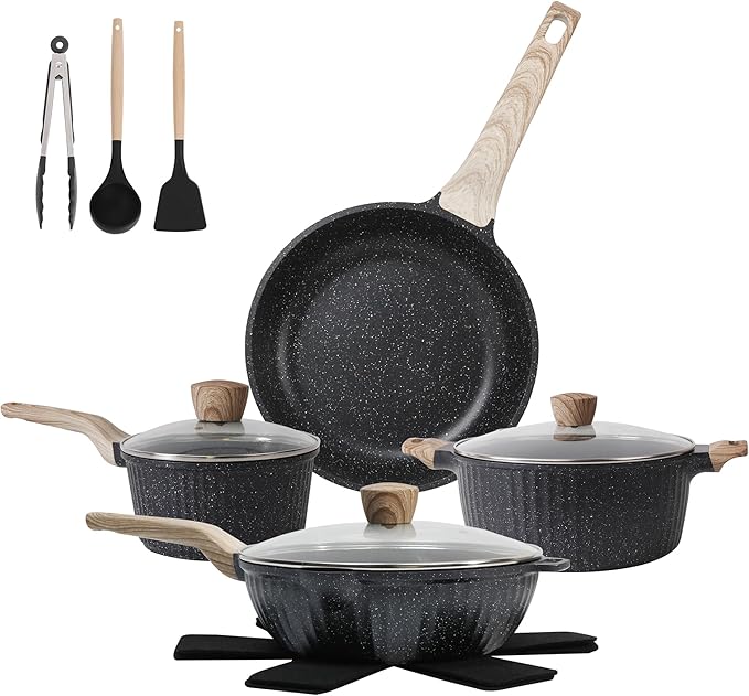 Pots and Pans Set Non Stick, 13Pcs Kitchen Cookware Sets, Granite Stone Induction Cookware Non Stick Cooking Set w/Frying Pans, Saucepans, Sauté Pan (PFOA Free), Black