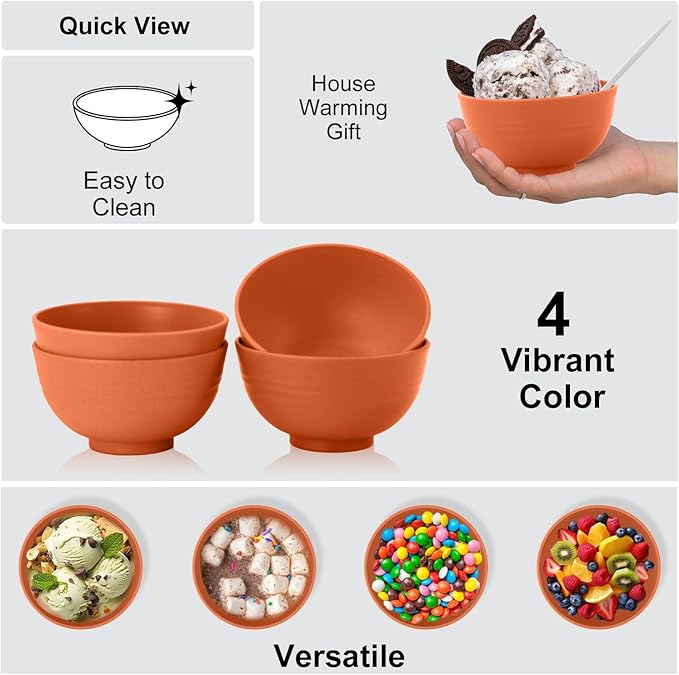 wheat straw small bowls 10oz set of 8 - Unbreakable Dessert Bowls - Mini Bowl Sets for Ice Cream,Snack and Fruits - Microwave & Dishwasher Safe Appetizer Bowls. Orange