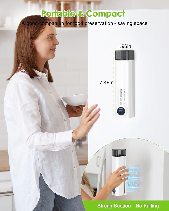 Small Magnetic Vacuum Sealer for Food, 62 Kpa Strong Suction, 3-in-1 Cordless Rechargeable Food Sealer with 1 Vacuum Bag & 4 Snack Bags, Heat Sealer, Inflation Pump for Balls/Swim Ring - White