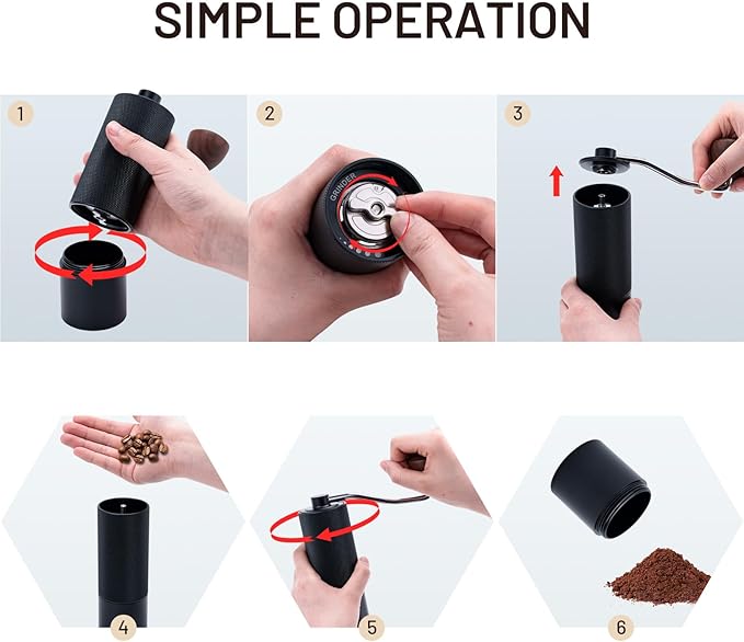 T-mark Manual Coffee Grinder, Portable Adjustable Coffee Grinder 6-Cell CNC Stainless Steel Conical Burr Grinder for Travel Home