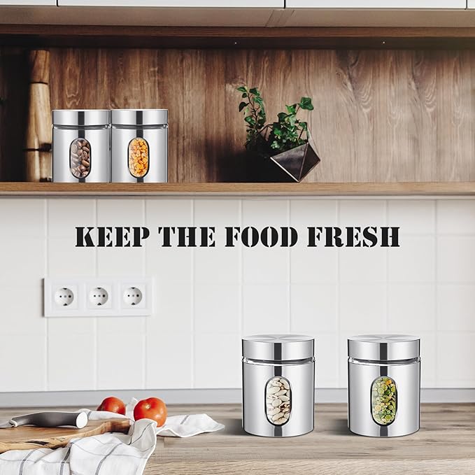 3 Pcs Stainless Steel Canister Set with Glass Windows Visible Storage Jars Silver Kitchen Canister Set for Pasta Flour Oat Sugar Container, Kitchen Tools, Housewarming Gifts (20 oz)
