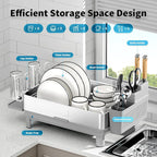 Dish Drying Rack, 304 Stainless Steel Dish Racks for Kitchen Counter, Dish Drainers with Automatic Drainage, Utensil Holder & Cups Holder, Space Saving Kitchen Organizer, Gray