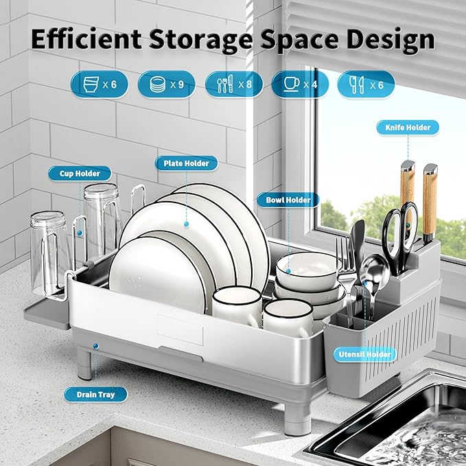 Dish Drying Rack, 304 Stainless Steel Dish Racks for Kitchen Counter, Dish Drainers with Automatic Drainage, Utensil Holder & Cups Holder, Space Saving Kitchen Organizer, Gray