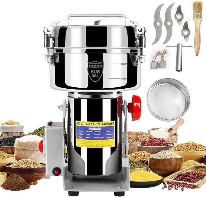 Electric Grain Mill Grinder Flour, 1000g Corn Fine Powder Rice Grinder Wheat Mill for Home Kitchen Commercial Stainless Steel Spice Food Pepper Coffee Beans (Swing Type)