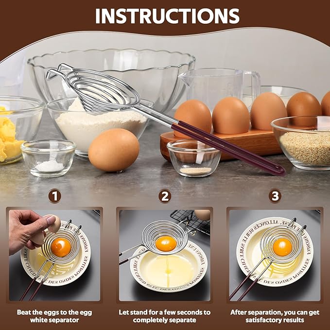 Egg Separator,Stainless Steel Egg Yolk White Separation Tool Long Handle Egg White Separator Kitchen Utility Gadget Cooking Baking Tools-Brown