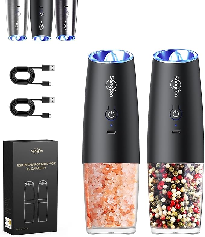 Sangcon Gravity Electric Salt and Pepper Grinder Set RECHARGEABLE Automatic Salt Pepper Shakers USB-C No Battery Needed - LED Light One Hand Operation, Adjustable Coarseness Pepper Mill Set