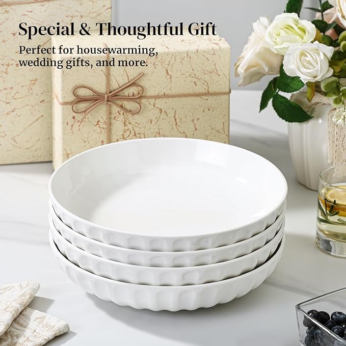 DOWAN Pasta Bowls, 10" Large Salad Serving Bowls 51 OZ White Ceramic Soup Bowls Set of 4 Wide and Shallow Plate Bowl Serving Dish for Soup, Pasta, Noodle, Dinner, Microwave & Dishwasher Safe