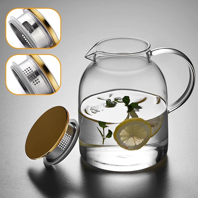 54OZ Glass Pitcher with Lid and Spout, Water Jug, Glass Carafe Water Pitcher for Hot/Cold Beverage, 1600ml for Tea, Juice, Coffee, Milk