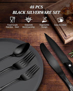 48 Pieces Black Silverware Set for 8, Retro Royal Flatware Set with Steak Knives, Gorgeous Stainless Steel Cutlery Utensil Set Include Forks Spoons and Knives, Mirror Finish,Dishwasher Safe