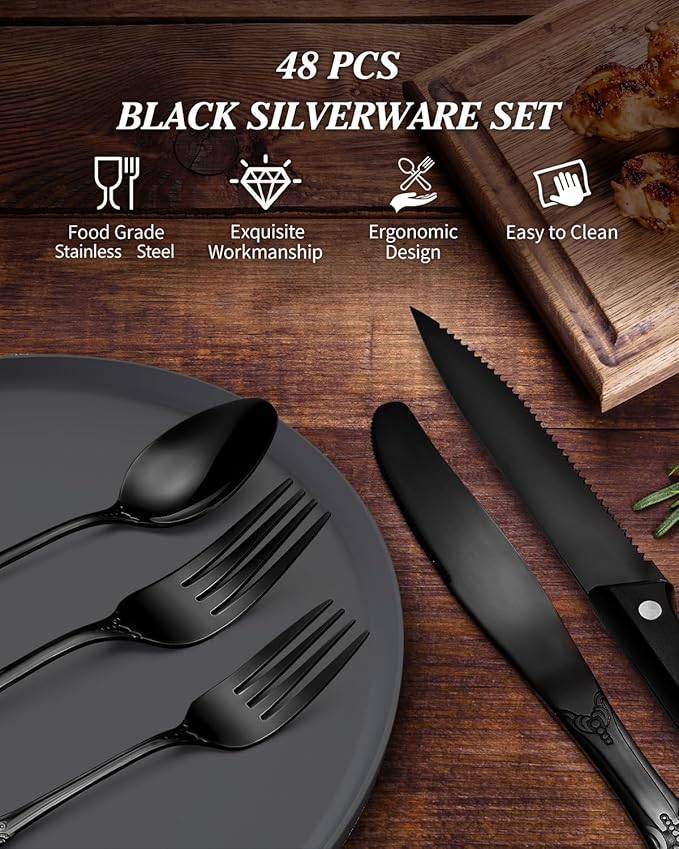 48 Pieces Black Silverware Set for 8, Retro Royal Flatware Set with Steak Knives, Gorgeous Stainless Steel Cutlery Utensil Set Include Forks Spoons and Knives, Mirror Finish,Dishwasher Safe