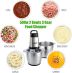 Food Processor, 2 Stainless Steel Bowls, 14Cup, 500W Powerful Electric Meat Grinder, 3 Speed Modes 4 Bi-Level Blades for Onion, Meat, Nuts, Fruit, Garlic, Vegetable, Baby Food