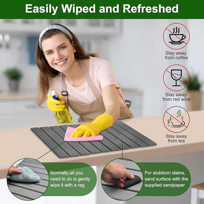 Large Stone Dish Drying Mat For Kitchen Counter, 24 x 16 Inch Collapsible Stone Drying Mat, Quick Dry Absorbent Diatomaceous Earth Mat, Self-Drying Dish Drying Mat For Dishes Sink Bathtub-Gray