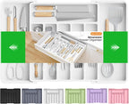 Silverware Organizer，Adjustable & Expandable Utensil Drawer Organizer, BPA Free Utensil Holder, Cutlery Tray for Forks, Spoons, Knives in Kitchen, Large, White